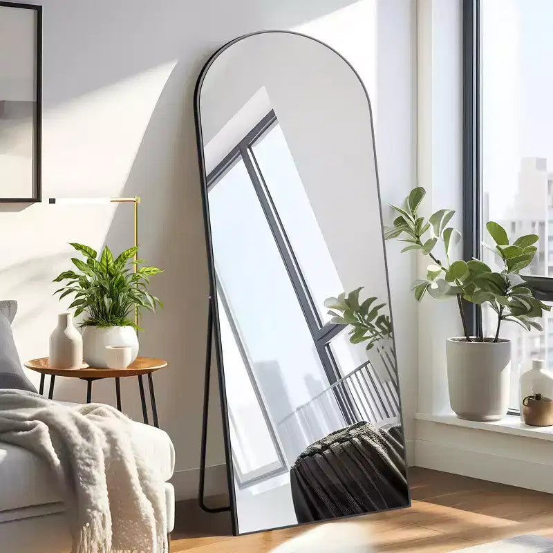 Grand Right-Angled Floor Mirror: 70.2x31.2, Carved Wood Design, Black, Full-Length, Bracket Included