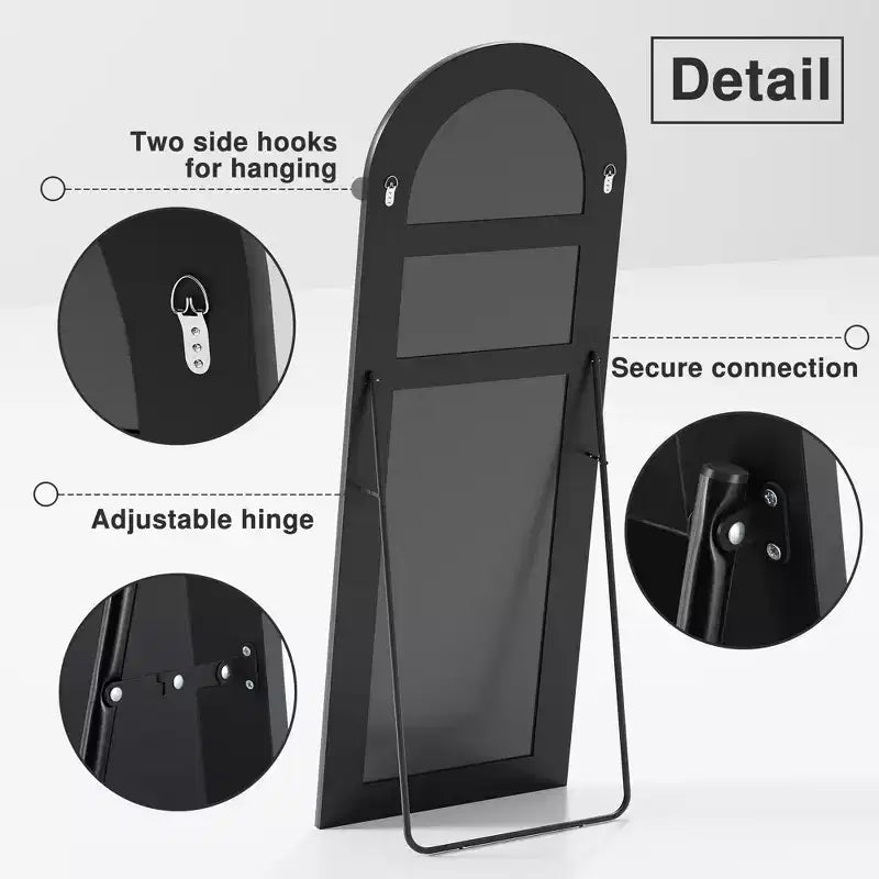 Grand Right-Angled Floor Mirror: 70.2x31.2, Carved Wood Design, Black, Full-Length, Bracket Included