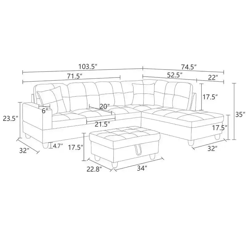 Modern PU Leather Sectional Sofa - Spacious L-Shape, Plush Cushions, Storage Ottoman, Contemporary Living Room Furniture