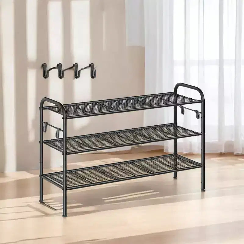 3-Tier Metal Shoe Rack with 4 Side Hooks, Height-Adjustable, 11D x 33.5W x 20.8H