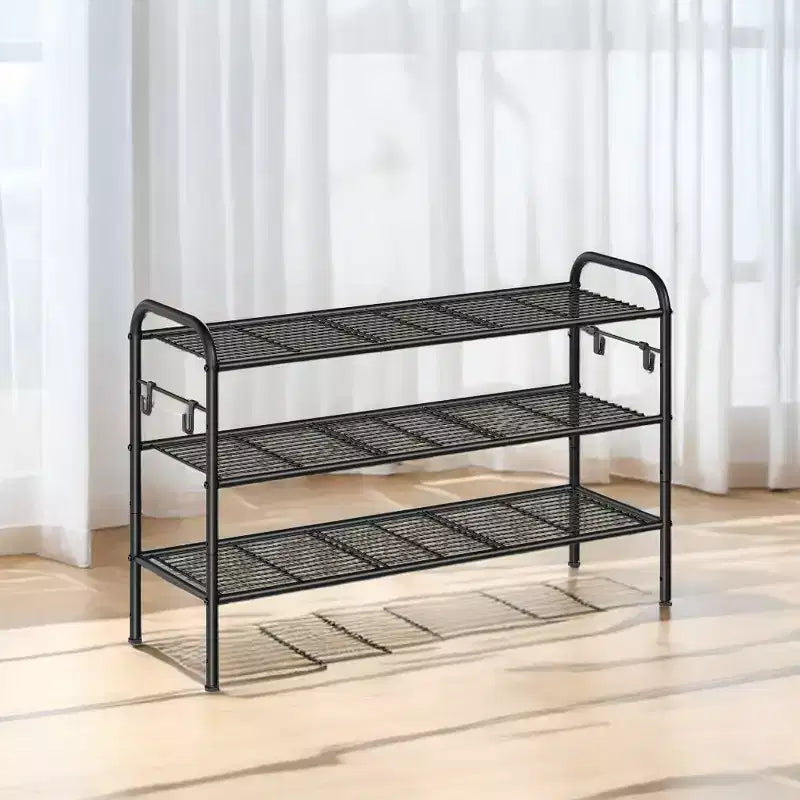 3-Tier Metal Shoe Rack with 4 Side Hooks, Height-Adjustable, 11D x 33.5W x 20.8H