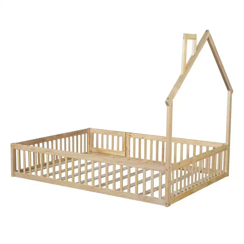 Wood Full Size House Platform Bed with Guardrail for Kids