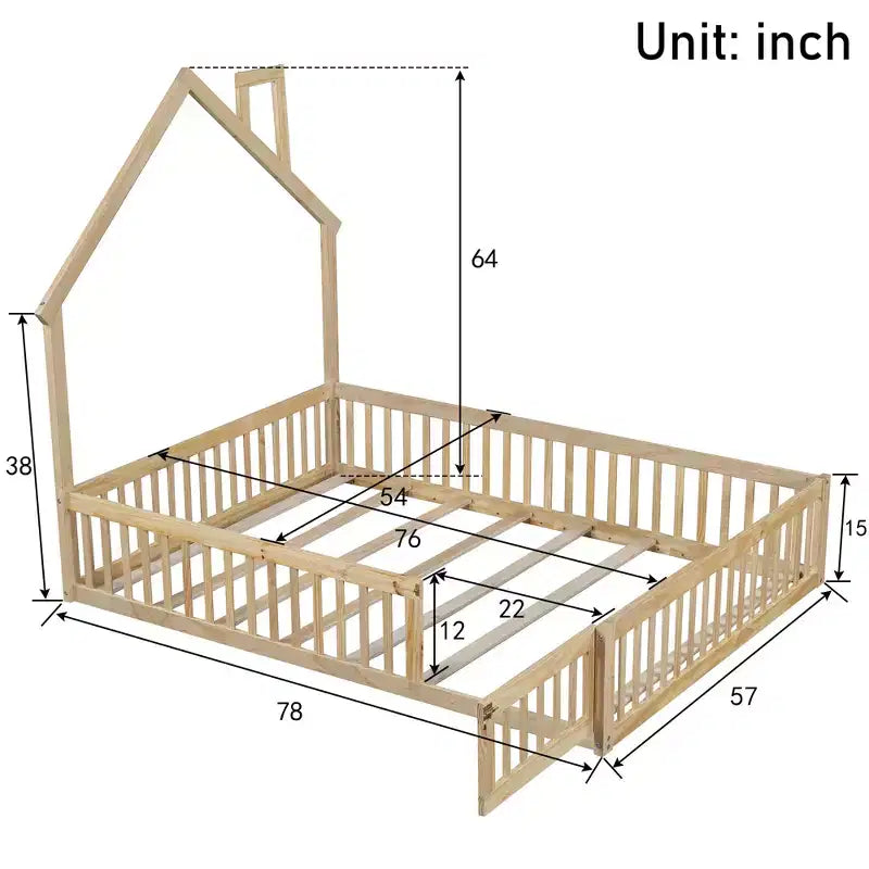 Wood Full Size House Platform Bed with Guardrail for Kids