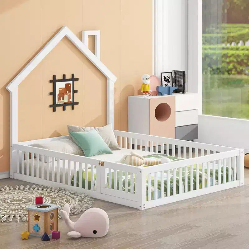 Wood Full Size House Platform Bed with Guardrail for Kids