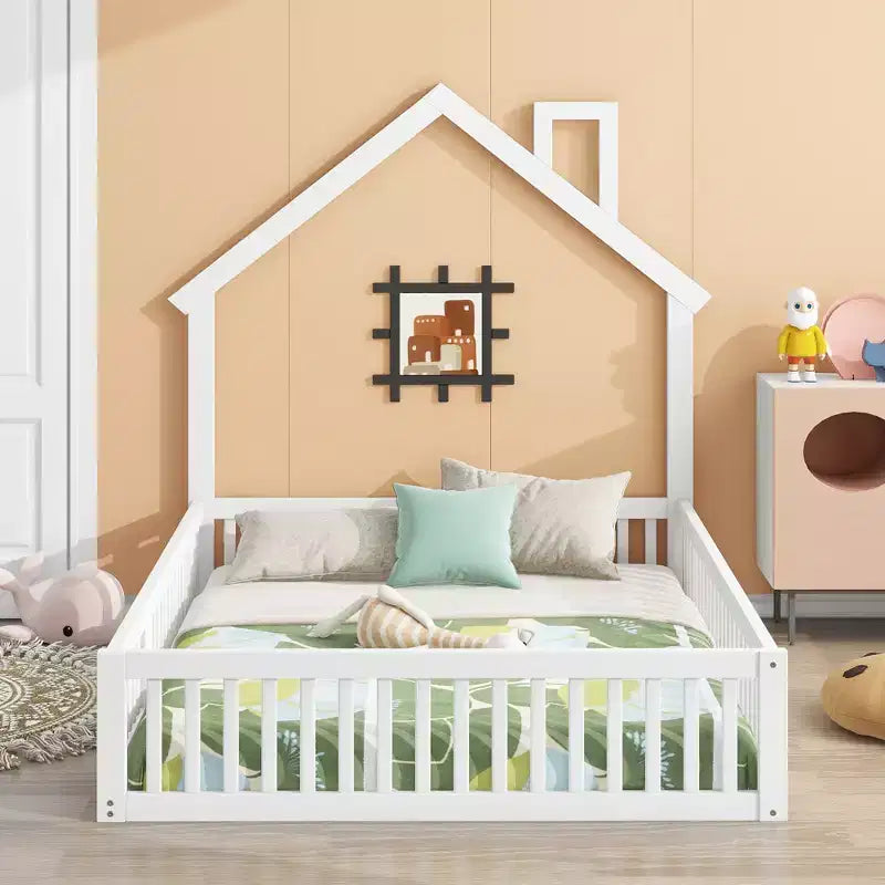 Wood Full Size House Platform Bed with Guardrail for Kids