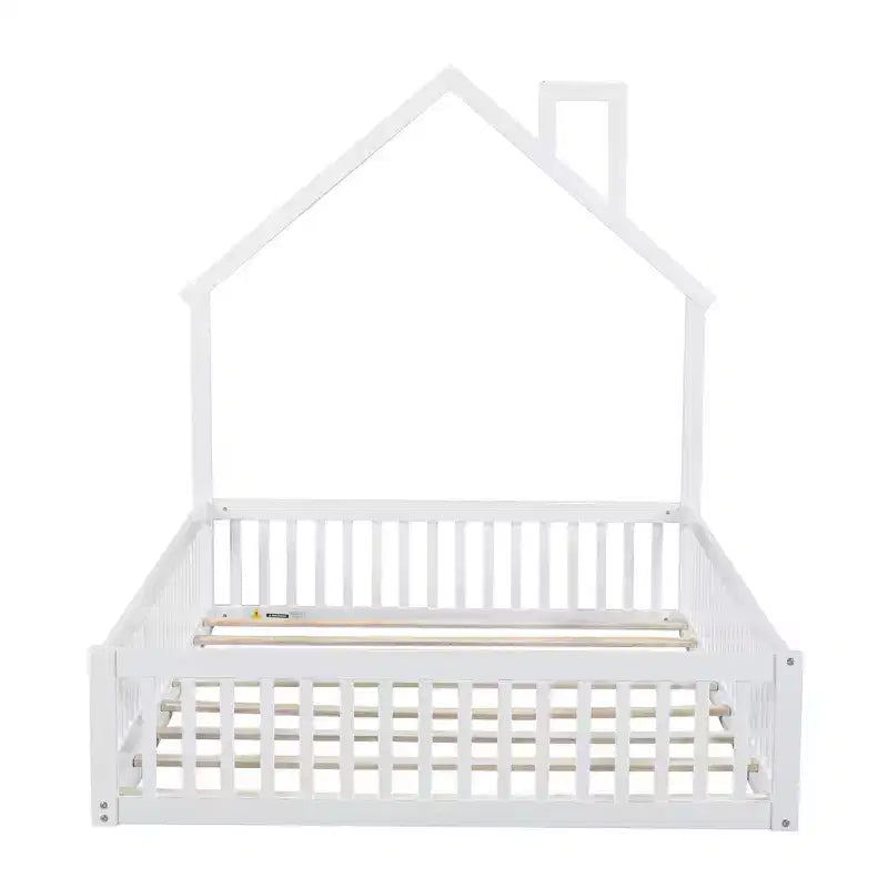 Wood Full Size House Platform Bed with Guardrail for Kids