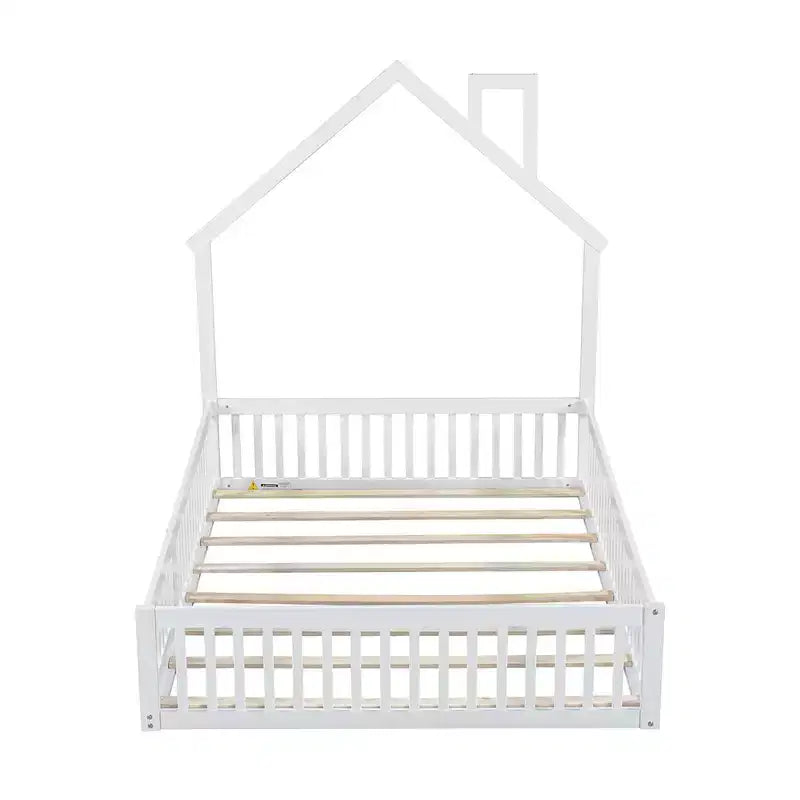 Wood Full Size House Platform Bed with Guardrail for Kids