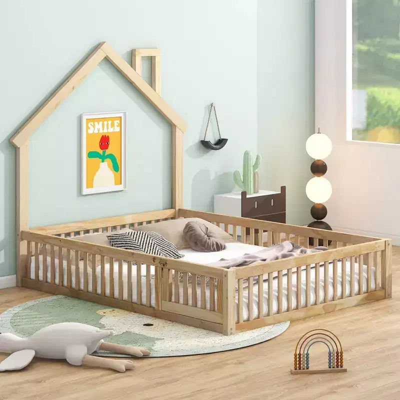 Wood Full Size House Platform Bed with Guardrail for Kids