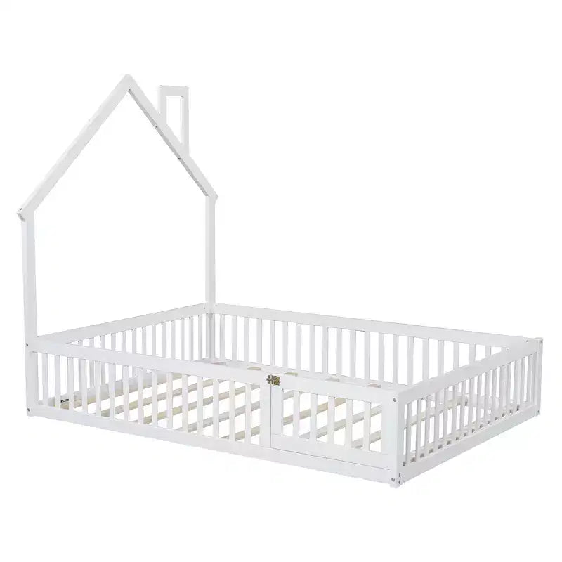 Wood Full Size House Platform Bed with Guardrail for Kids