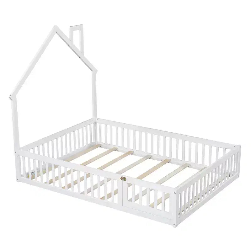 Wood Full Size House Platform Bed with Guardrail for Kids