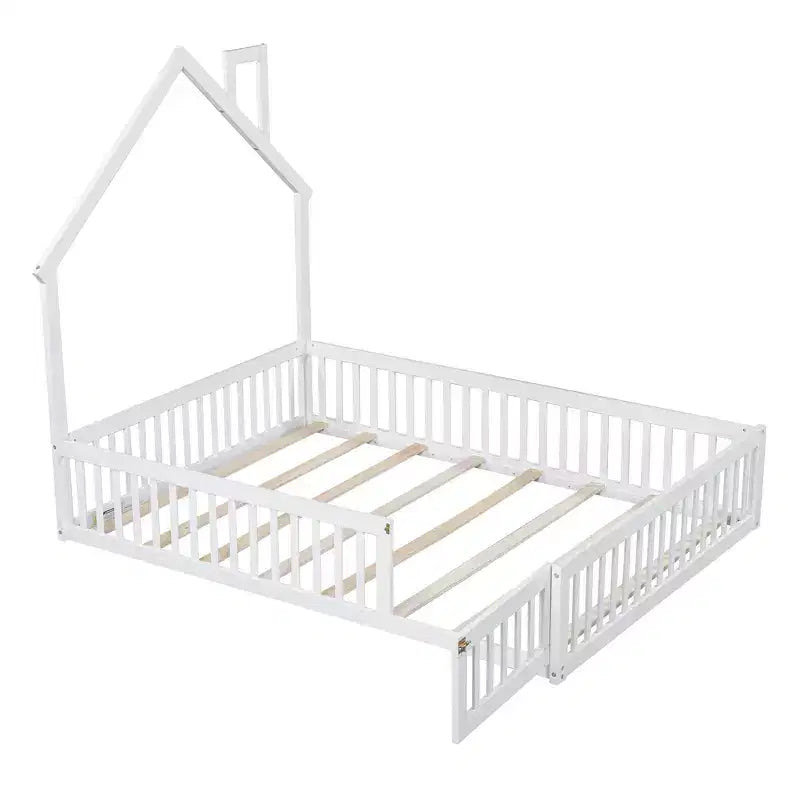 Wood Full Size House Platform Bed with Guardrail for Kids