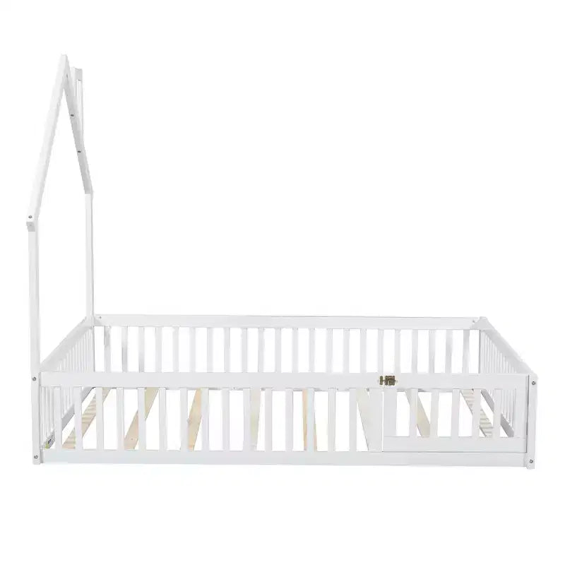 Wood Full Size House Platform Bed with Guardrail for Kids
