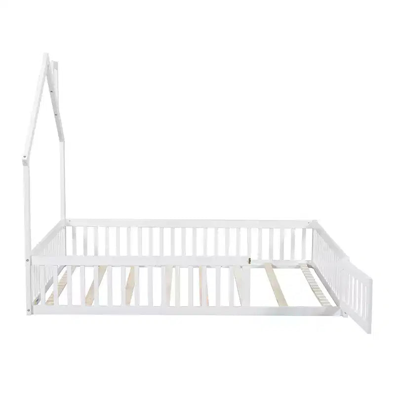 Wood Full Size House Platform Bed with Guardrail for Kids