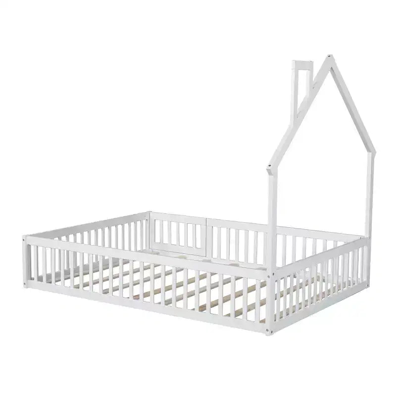 Wood Full Size House Platform Bed with Guardrail for Kids