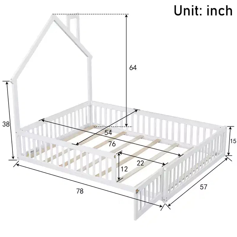 Wood Full Size House Platform Bed with Guardrail for Kids