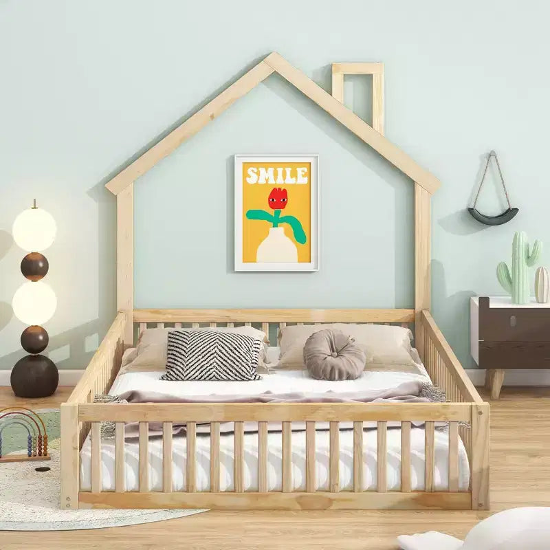 Wood Full Size House Platform Bed with Guardrail for Kids