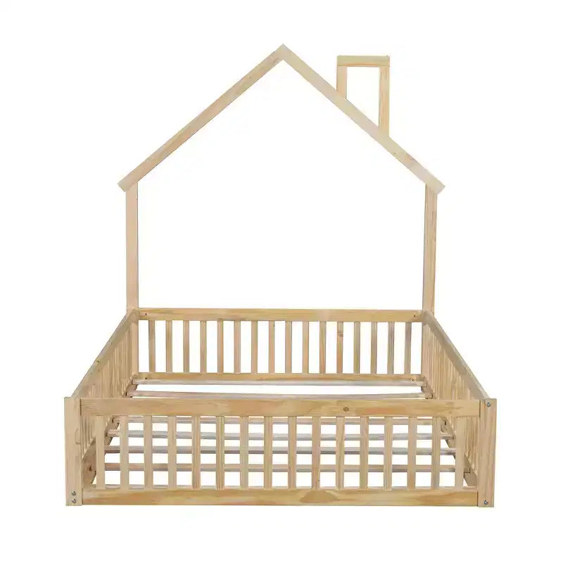 Wood Full Size House Platform Bed with Guardrail for Kids