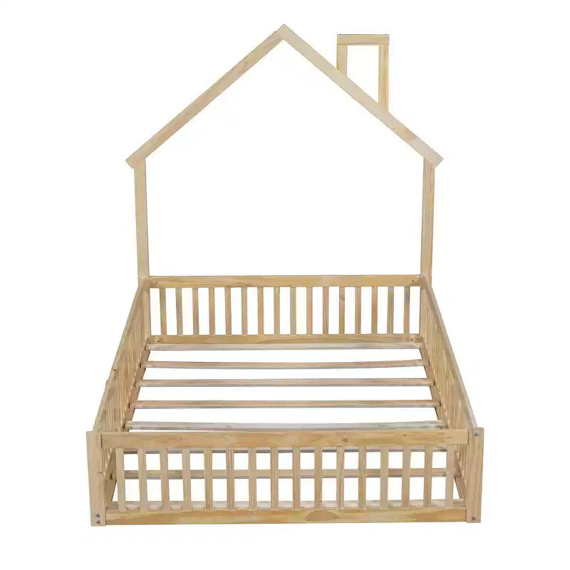Wood Full Size House Platform Bed with Guardrail for Kids