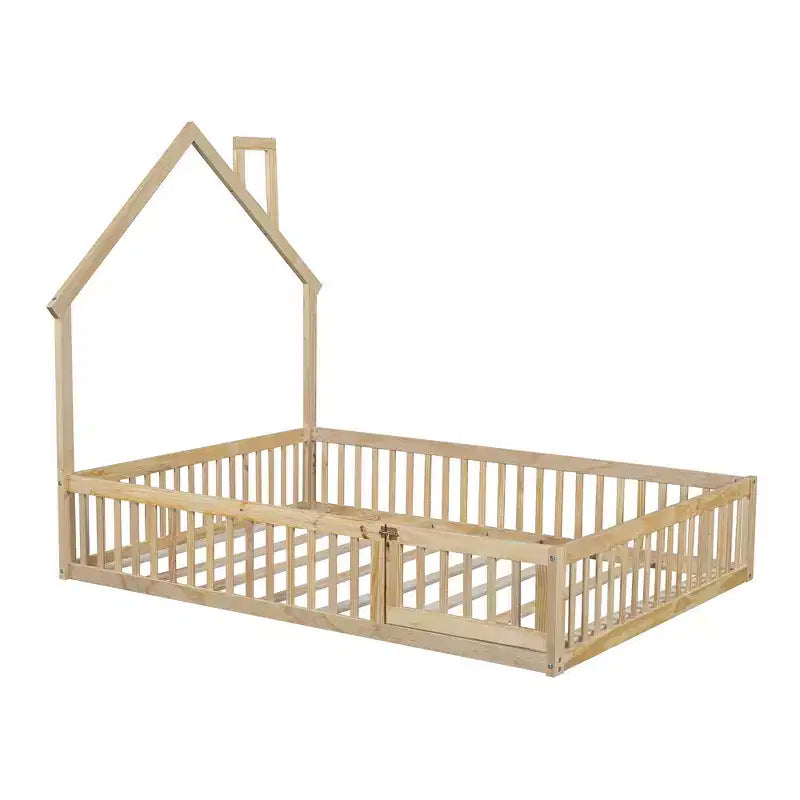 Wood Full Size House Platform Bed with Guardrail for Kids