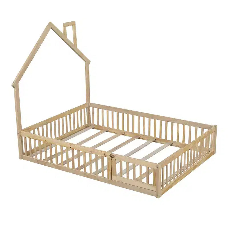 Wood Full Size House Platform Bed with Guardrail for Kids
