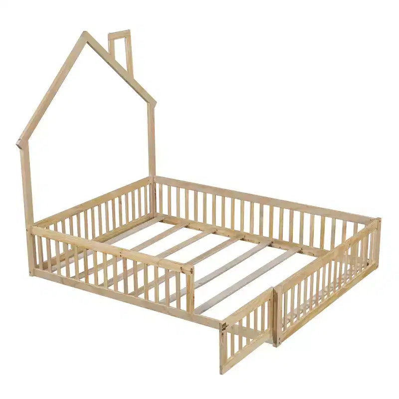 Wood Full Size House Platform Bed with Guardrail for Kids