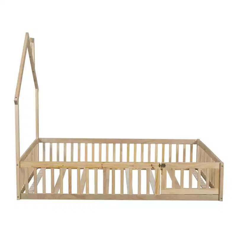 Wood Full Size House Platform Bed with Guardrail for Kids