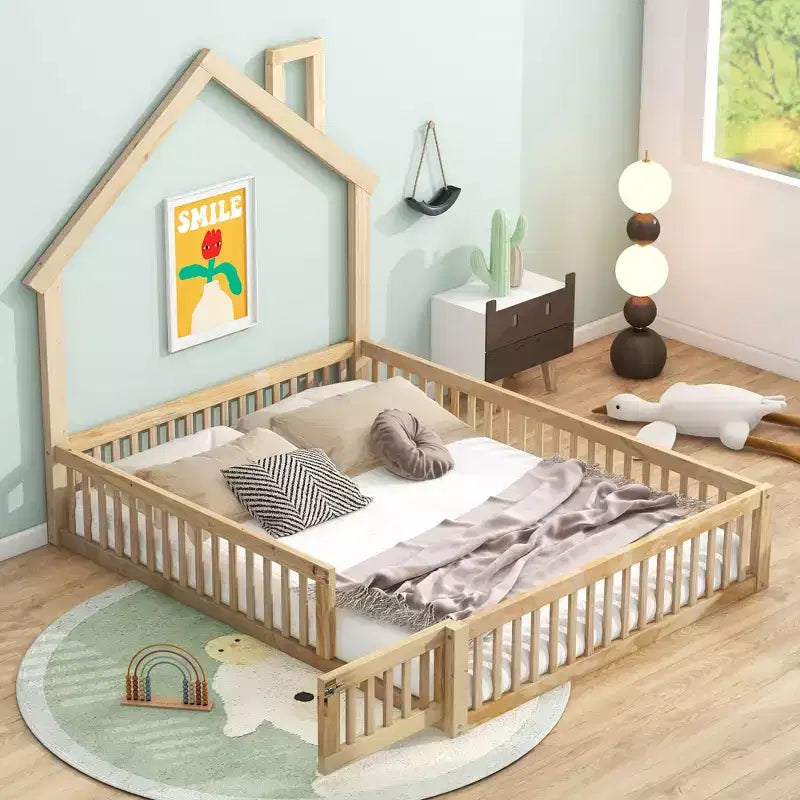 Wood Full Size House Platform Bed with Guardrail for Kids