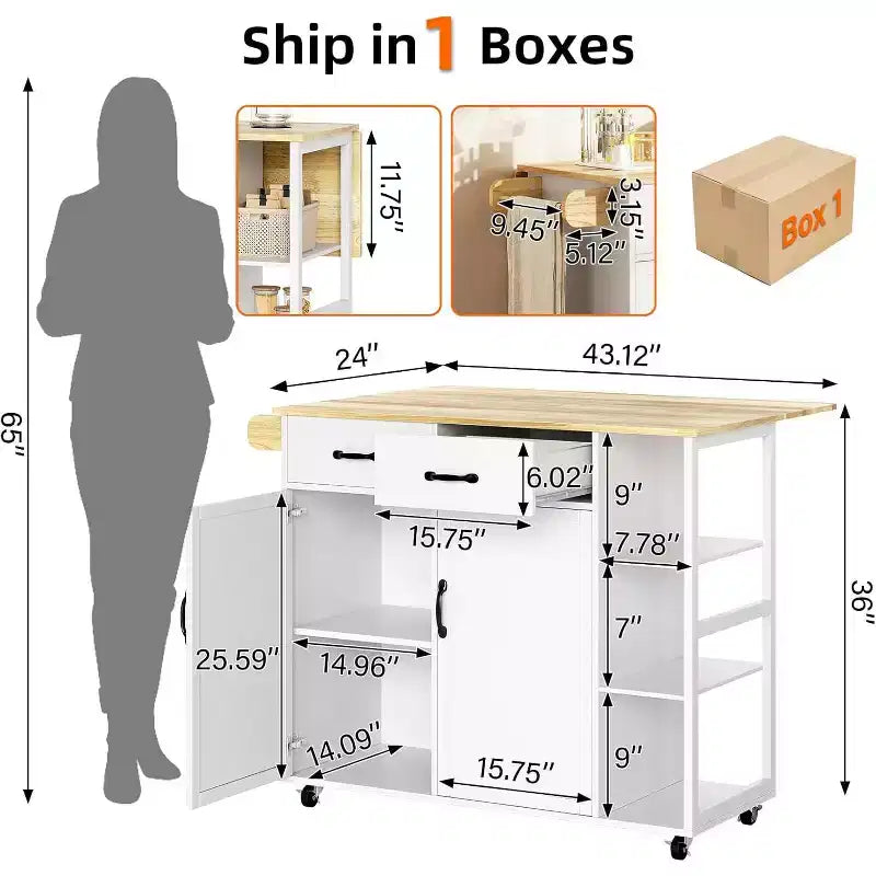 43W Wood Top Kitchen Island Table with 2 Door Cabinets 2 Storage Drawers, Spice Rack