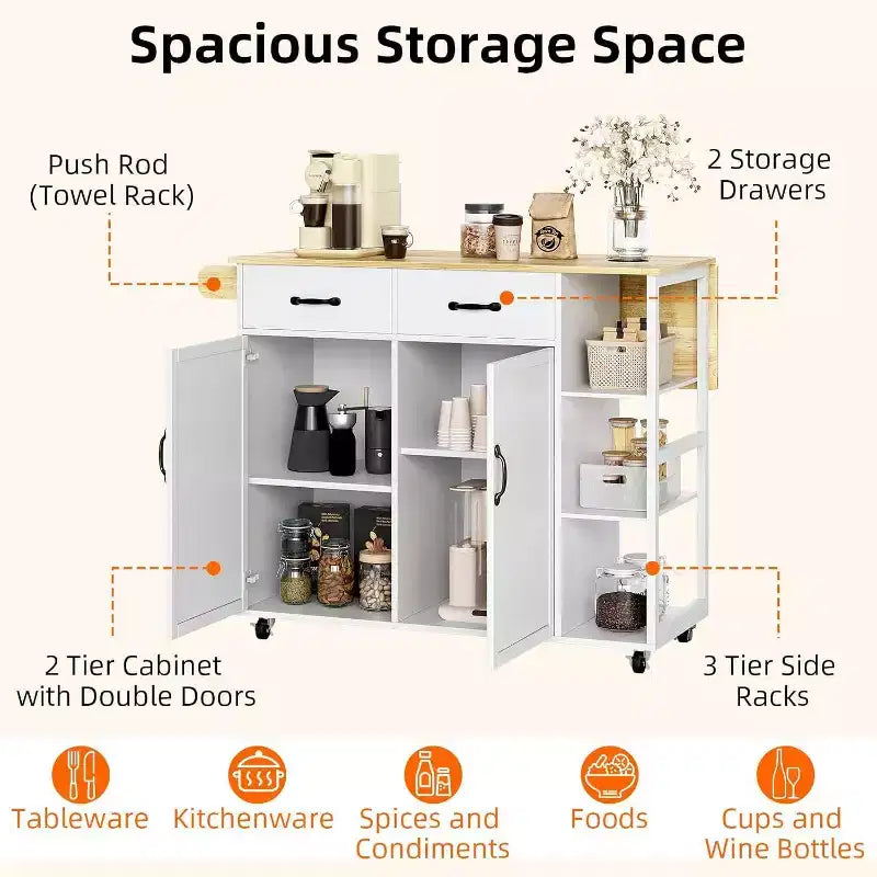 43W Wood Top Kitchen Island Table with 2 Door Cabinets 2 Storage Drawers, Spice Rack