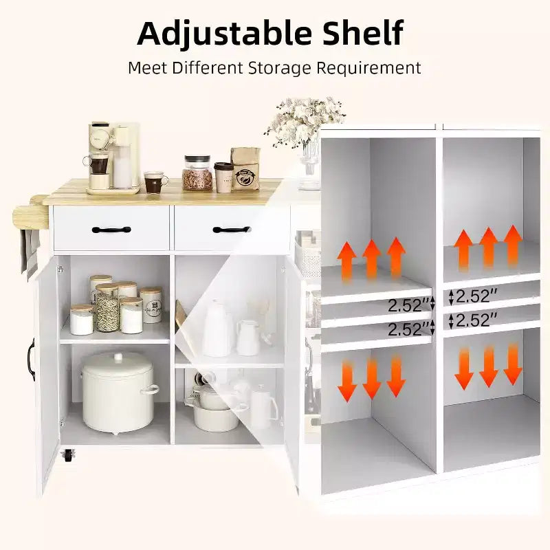 43W Wood Top Kitchen Island Table with 2 Door Cabinets 2 Storage Drawers, Spice Rack