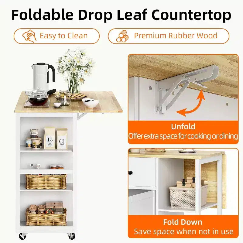 43W Wood Top Kitchen Island Table with 2 Door Cabinets 2 Storage Drawers, Spice Rack