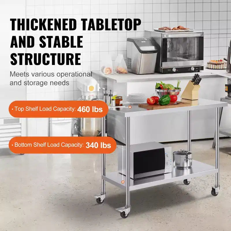 Stainless Steel Work Table 24 x 48 x 38 Inch with 4 Wheels and 3 Adjustable Height Levels, Silver