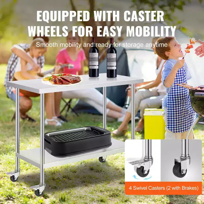 Stainless Steel Work Table 24 x 48 x 38 Inch with 4 Wheels and 3 Adjustable Height Levels, Silver