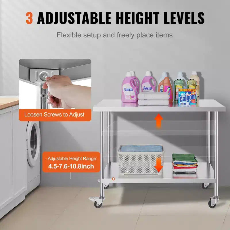 Stainless Steel Work Table 24 x 48 x 38 Inch with 4 Wheels and 3 Adjustable Height Levels, Silver