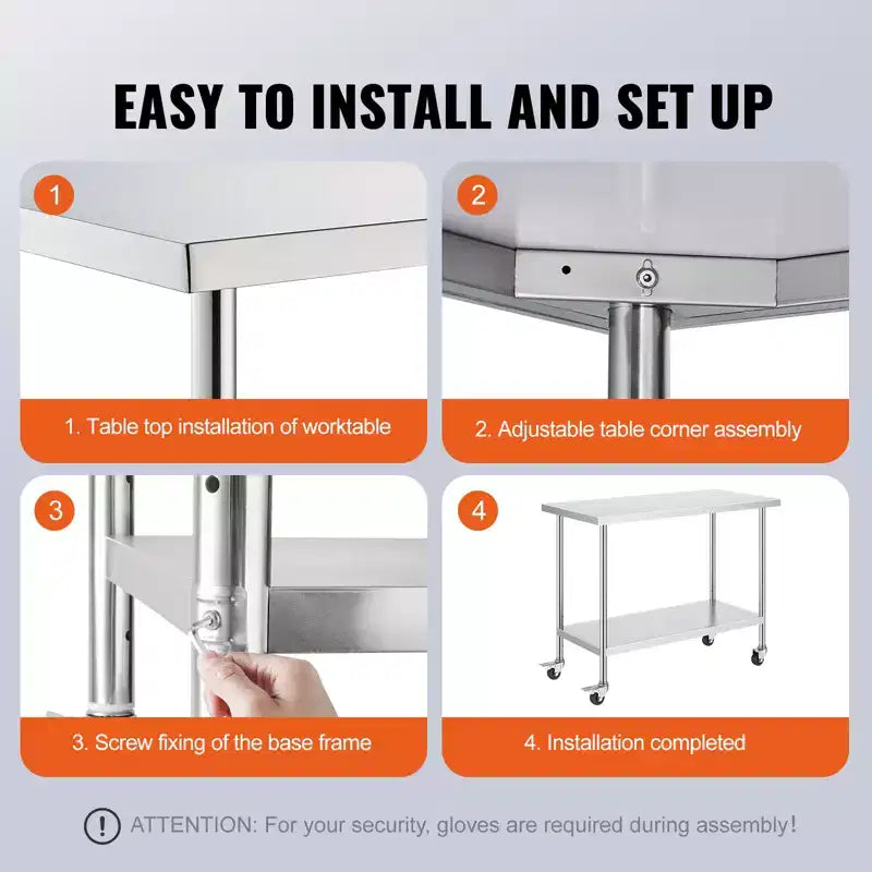 Stainless Steel Work Table 24 x 48 x 38 Inch with 4 Wheels and 3 Adjustable Height Levels, Silver