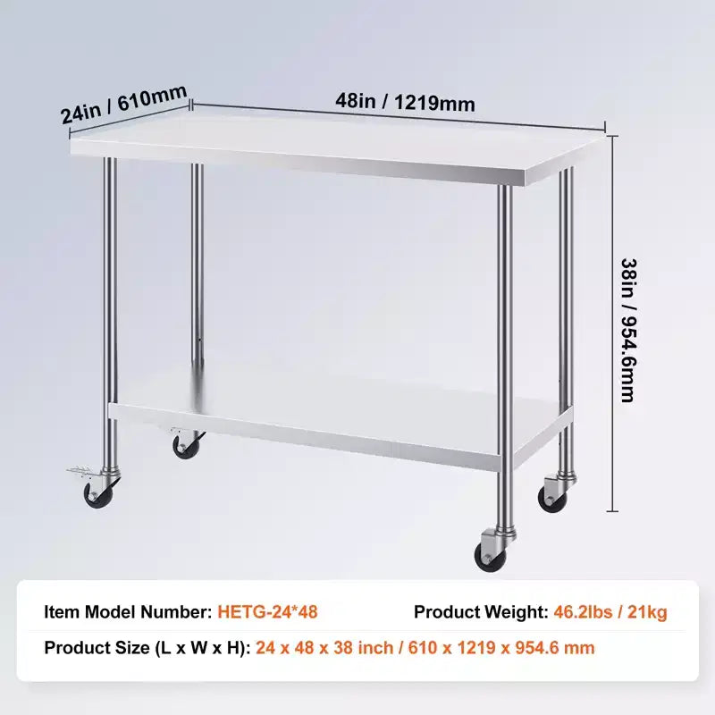 Stainless Steel Work Table 24 x 48 x 38 Inch with 4 Wheels and 3 Adjustable Height Levels, Silver