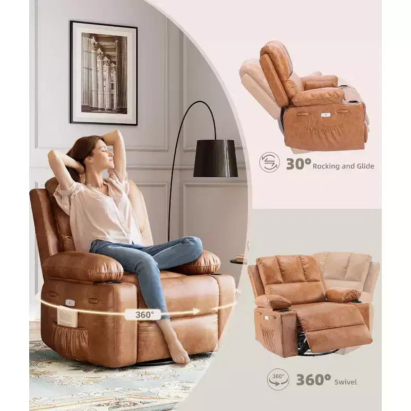 Faux Leather Swivel Rocking Recliner for Adults with Remote Control, Cup Holders, Lounge Chair for Living Room, Bedroom, Nursery