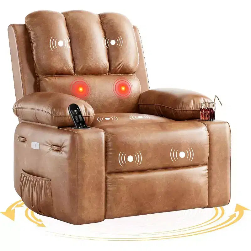 Faux Leather Swivel Rocking Recliner for Adults with Remote Control, Cup Holders, Lounge Chair for Living Room, Bedroom, Nursery