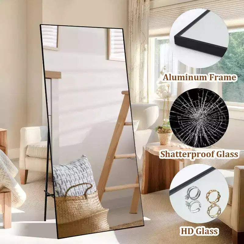 71x31 Full Length Mirror, Extra Large Rectangle Floor or Wall Mirror, Thin Aluminum Frame, HD Explosion-Resistant Glass, Black