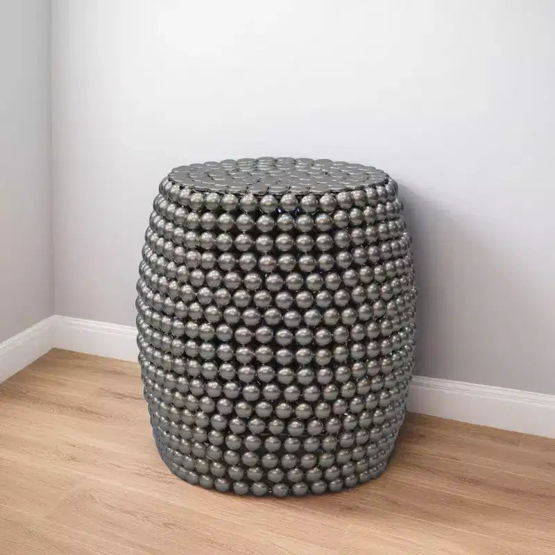 18" Round Side End Table | Silver Metallic Beads Studded Pattern | Nickel Coated Iron Frame