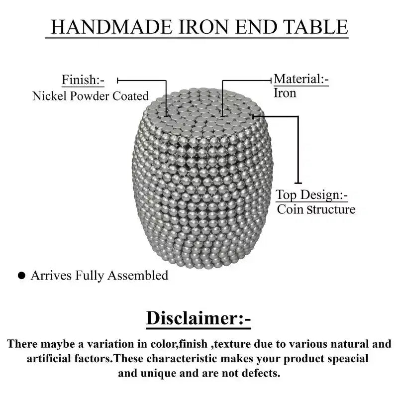 18" Round Side End Table | Silver Metallic Beads Studded Pattern | Nickel Coated Iron Frame