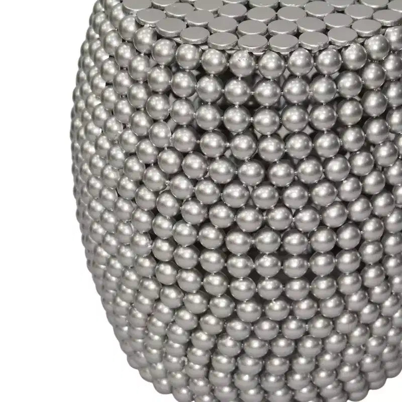18" Round Side End Table | Silver Metallic Beads Studded Pattern | Nickel Coated Iron Frame