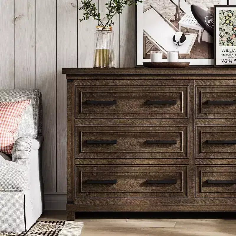 Farmhouse 6 Drawer Dresser, 55" Rustic Wood Chest, Vintage Storage Organizer & TV Stand for Bedroom