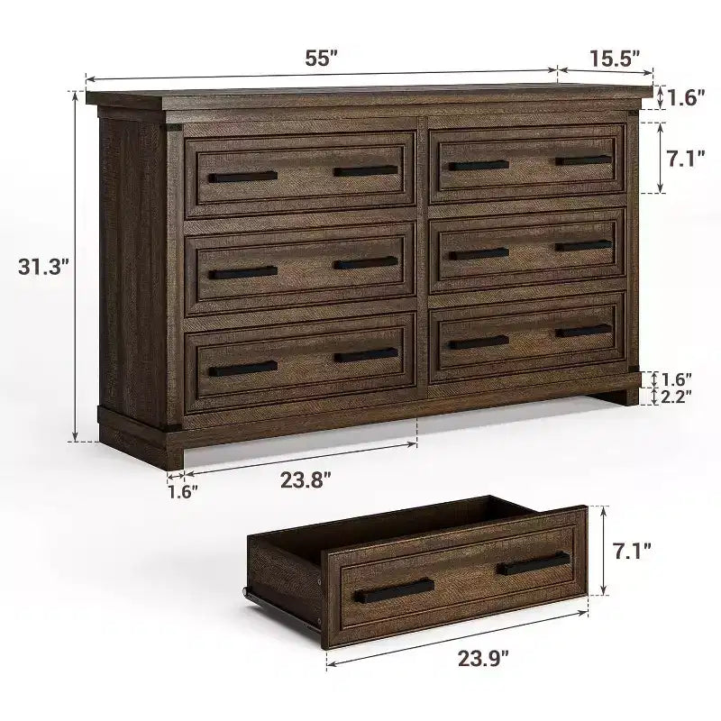 Farmhouse 6 Drawer Dresser, 55" Rustic Wood Chest, Vintage Storage Organizer & TV Stand for Bedroom