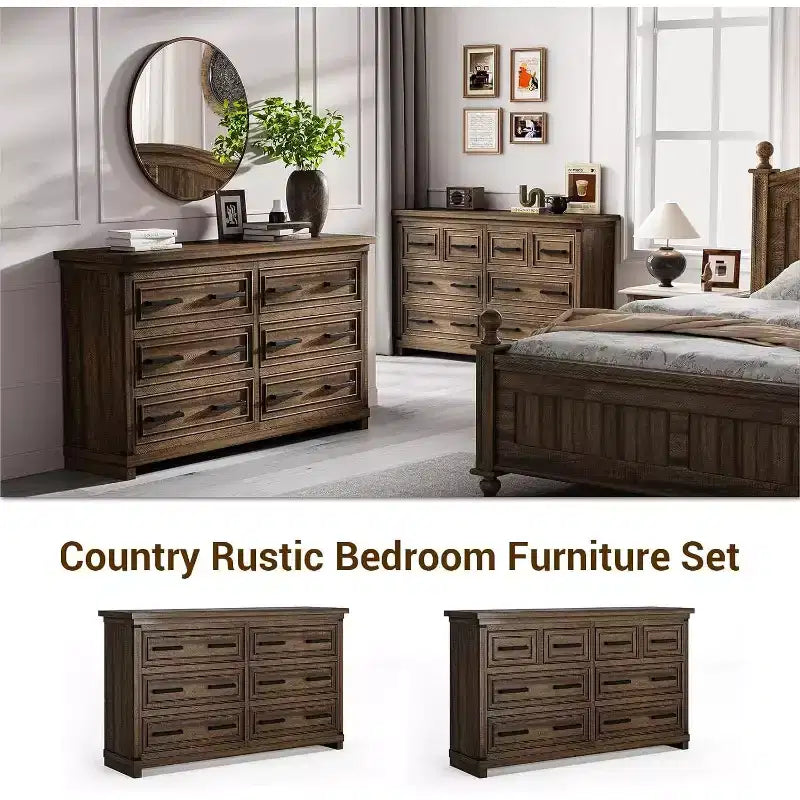 Farmhouse 6 Drawer Dresser, 55" Rustic Wood Chest, Vintage Storage Organizer & TV Stand for Bedroom