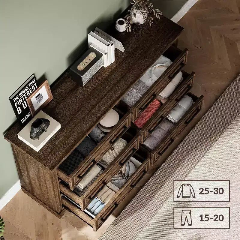 Farmhouse 6 Drawer Dresser, 55" Rustic Wood Chest, Vintage Storage Organizer & TV Stand for Bedroom