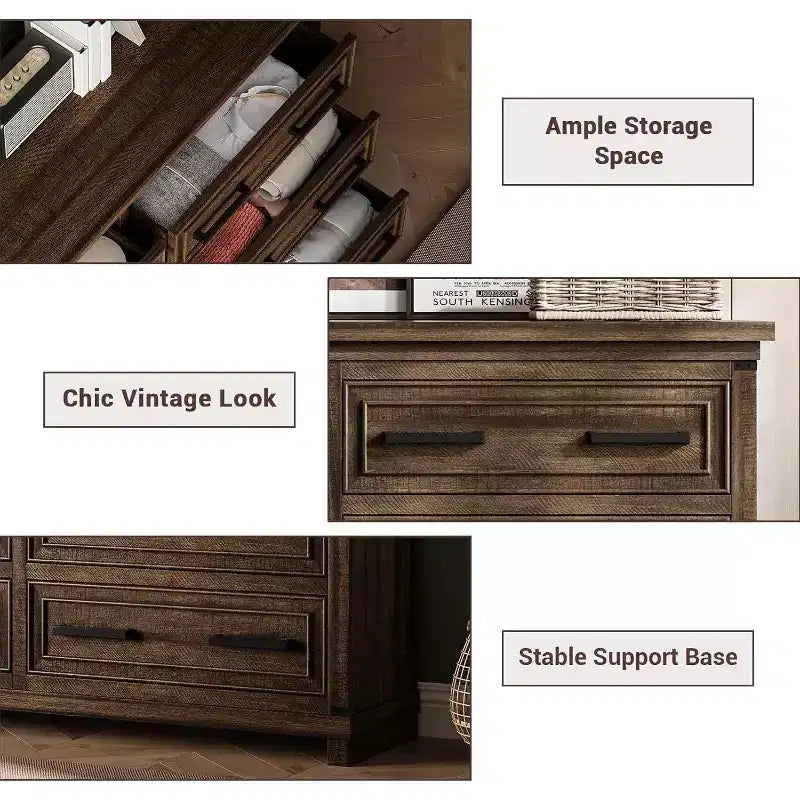 Farmhouse 6 Drawer Dresser, 55" Rustic Wood Chest, Vintage Storage Organizer & TV Stand for Bedroom