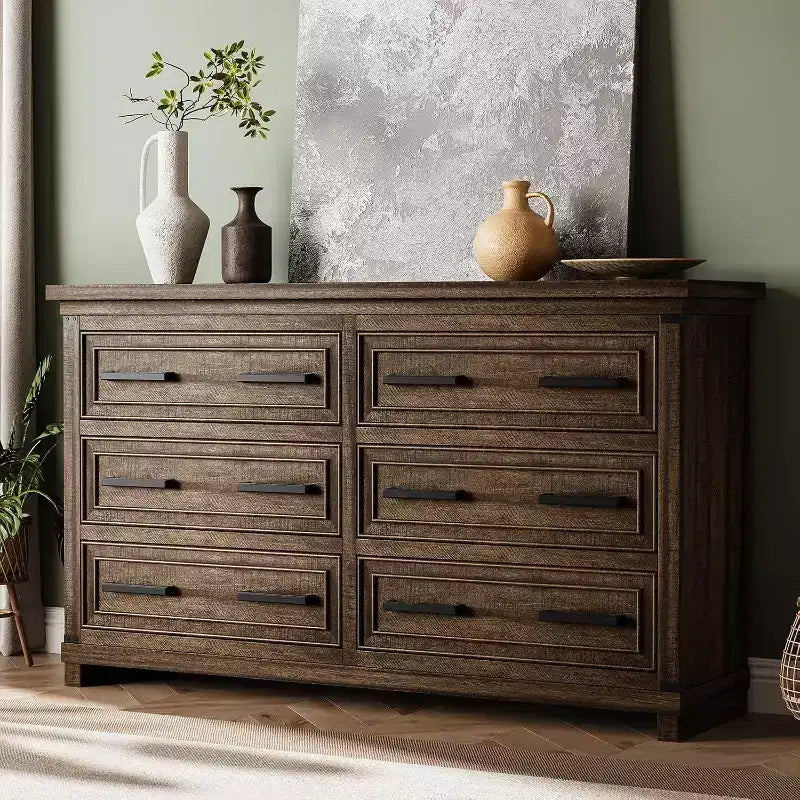 Farmhouse 6 Drawer Dresser, 55" Rustic Wood Chest, Vintage Storage Organizer & TV Stand for Bedroom