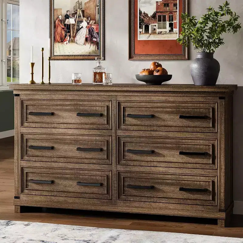 Farmhouse 6 Drawer Dresser, 55" Rustic Wood Chest, Vintage Storage Organizer & TV Stand for Bedroom