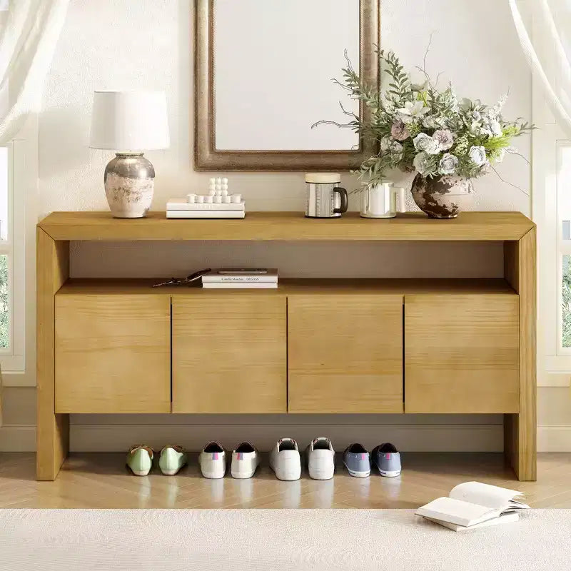 60" Modern Sideboard Buffet, Solid Wood Storage Cabinet with 4 Doors & Open Shelf for Dining Room, Living Room, Entryway